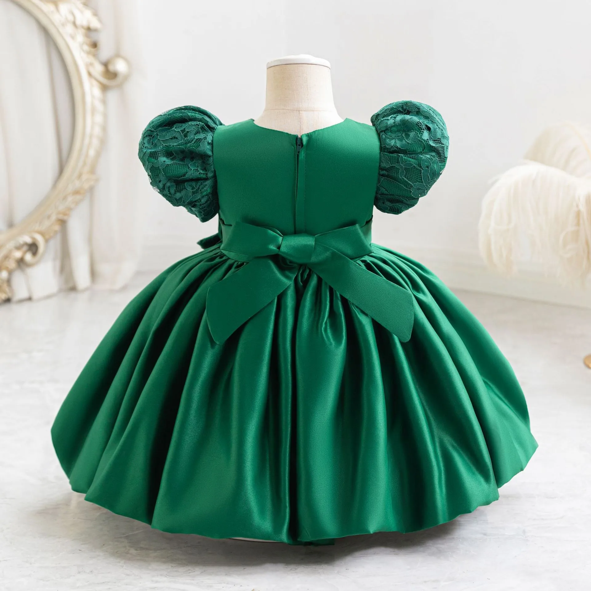 Children Dress Models Kids Clothing Baby Flower Girl Short Sleeves Birthday Party Green Dress