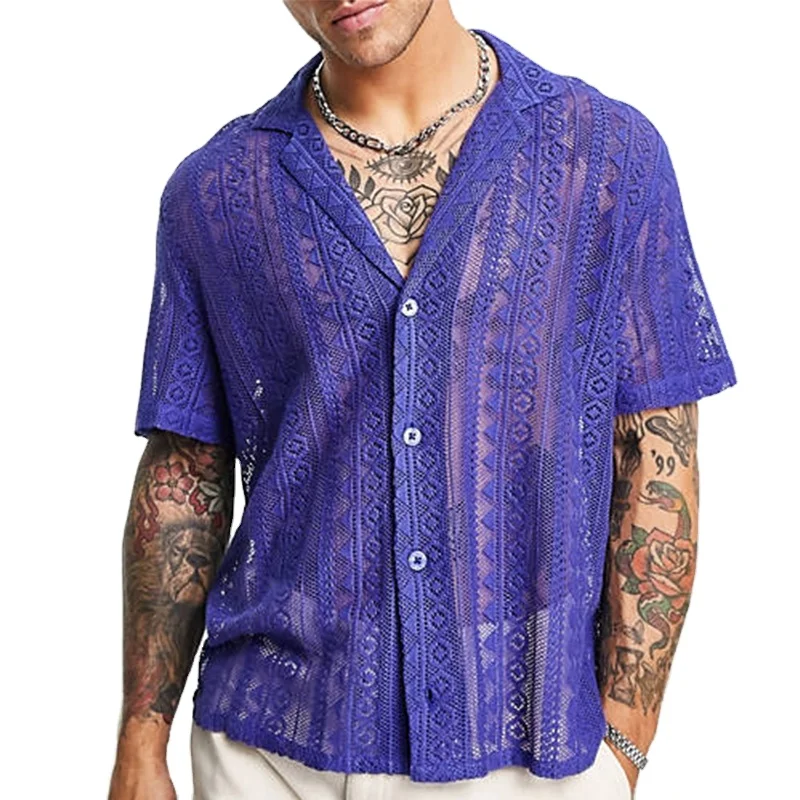 Summer OEM Customized Beach Style Tops Purple Men Button Placket Short Sleeve Lace Fabrics Shirts