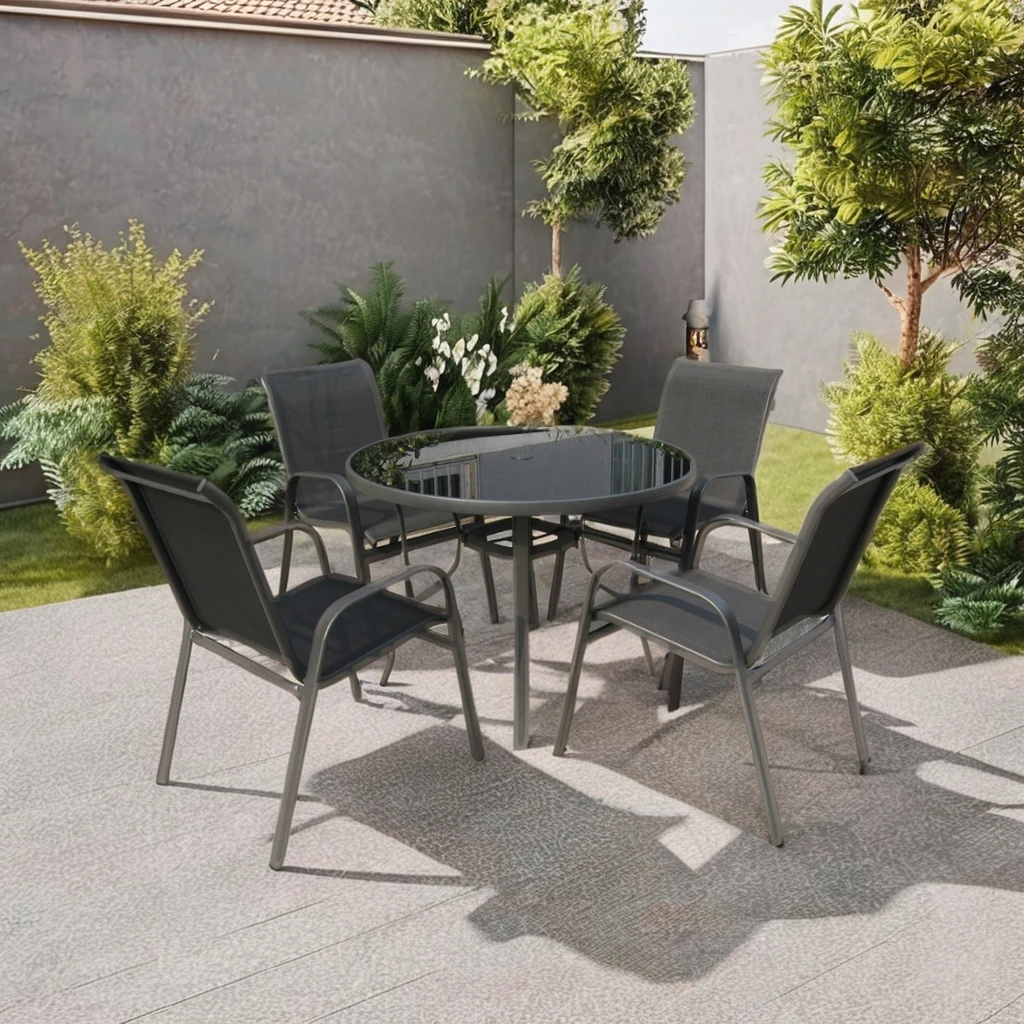 Modern 5-Pieces Outdoor Garden Patio Dining Set Stackable Metal Sling Armchair Glass Table Restaurant Furniture Powder Coated