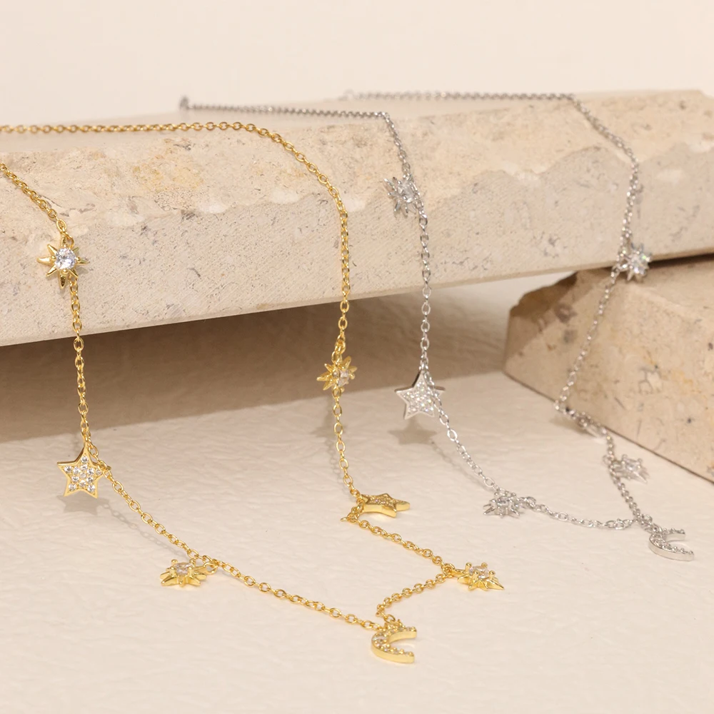 Chris April in stock 925 Sterling silver 18k gold plated Bright moon and star myth chain necklace