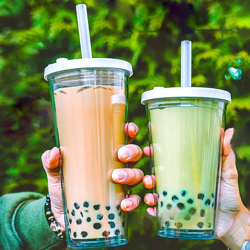 Custom 24oz Double Wall Insulated 12mm Straws Boba Milk Tea Plastic Tumbler 20oz Reusable Bubble Boba Tea Cups With Lids