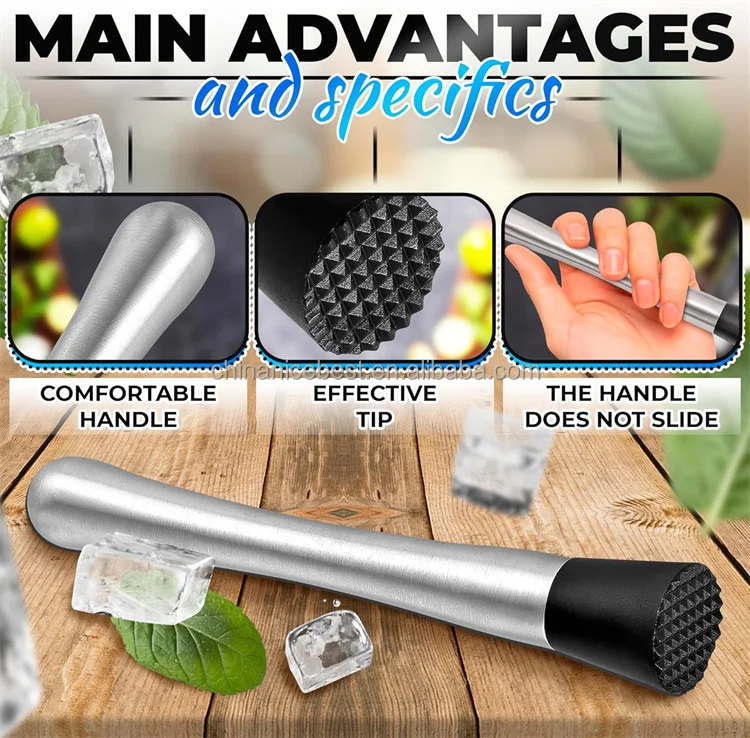 10 Inch Professional Stainless Steel Cocktail Muddler Bar Tool for Creating Mojito Fruit Drink Ice Crusher Stick