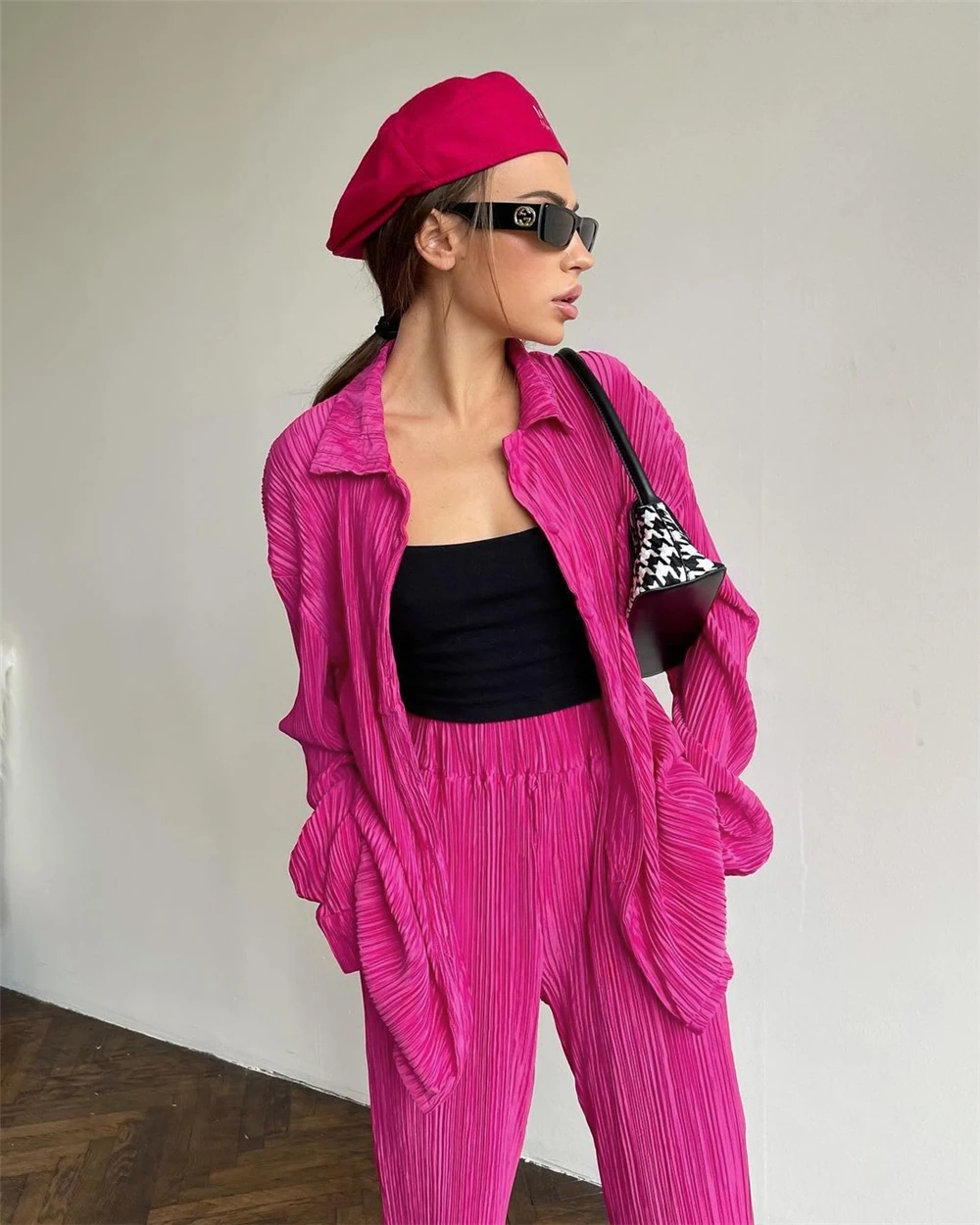 YAPU Two Piece Set   Autumn Women Vintage Oversize Long Flare Sleeve Shirt High Waist Trousers Orange Pleated Pants Set For