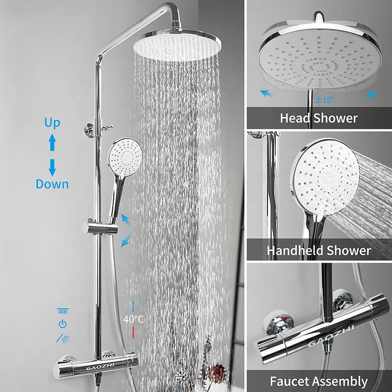 GaoZhi Thermostatic Chrome Rainfall Wall Mounted Shower Mixer Tap Shower Set Bathroom
