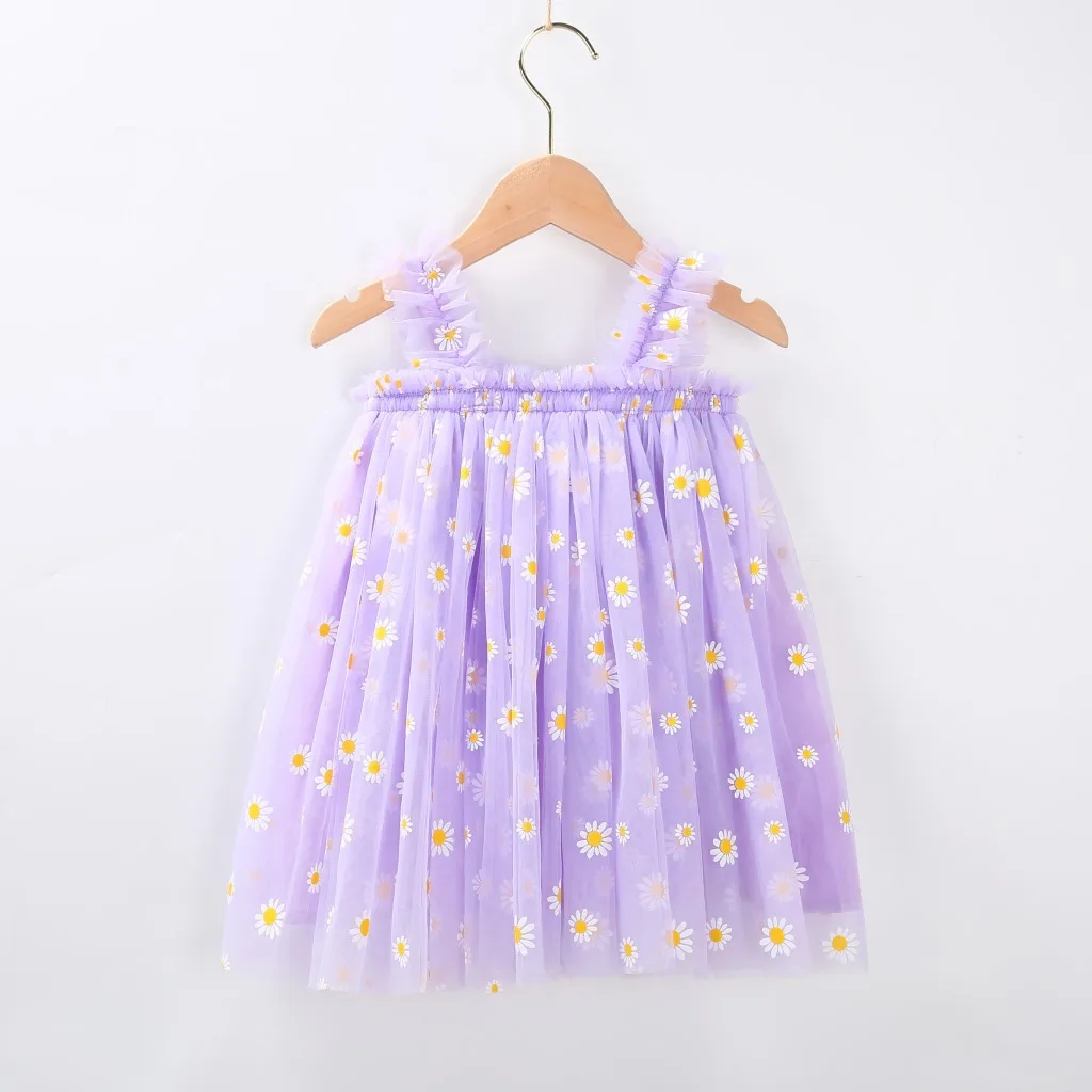 2022 Lovely Baby Toddler Girls Princess Tulle Mesh Sundress Daisy Fruit Embroidery Sleeveless Girls Kids Maxi Dress