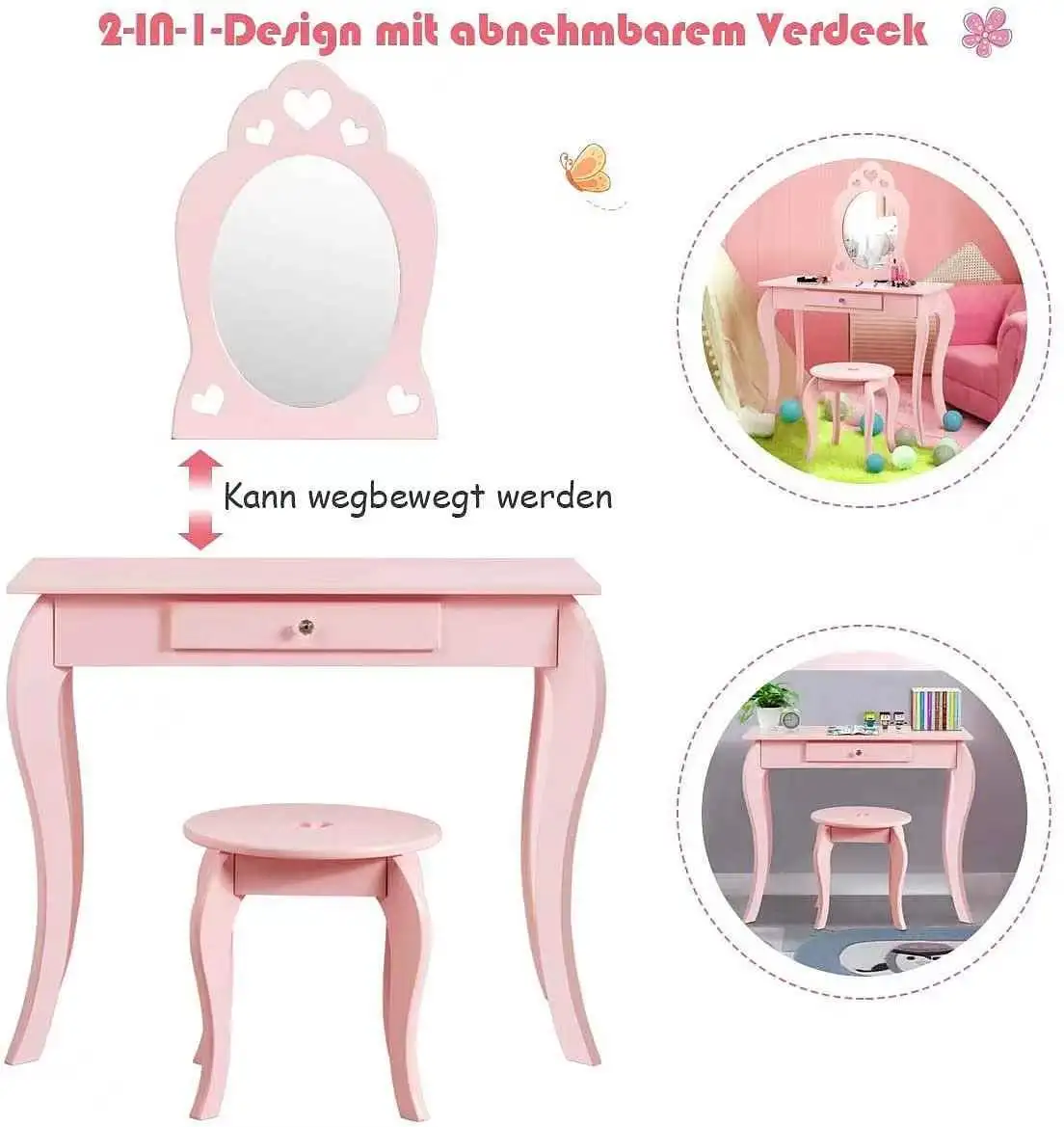 Kids Vanity Set with Mirror Children Dressing Table  Stool Set for Girls Makeup Vanities Wooden Dressing Table Baby Furniture