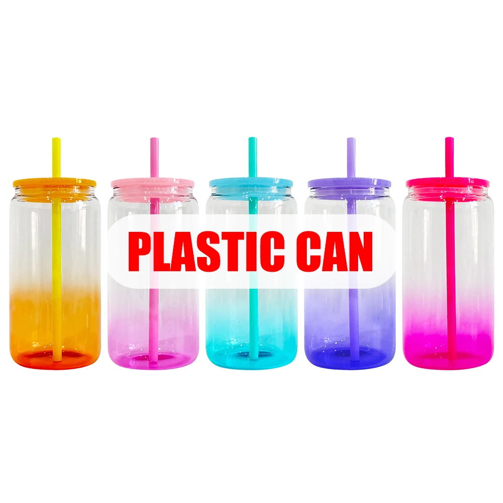 New can shaped gradient  beer cups can ombre jelly colored 16oz plastic Acrylic soda can water bottle with colorful pp lids