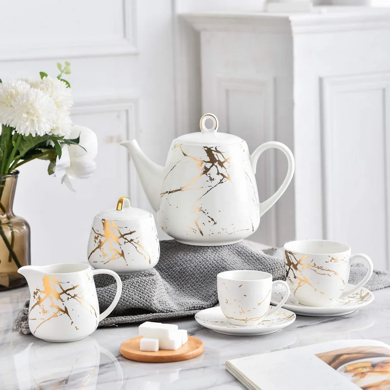 Golden Marble Crack Design Factory Supply Attractive Price Custom Coffee and tea sets 17pcs Tea Cup Set For Afternoon Tea