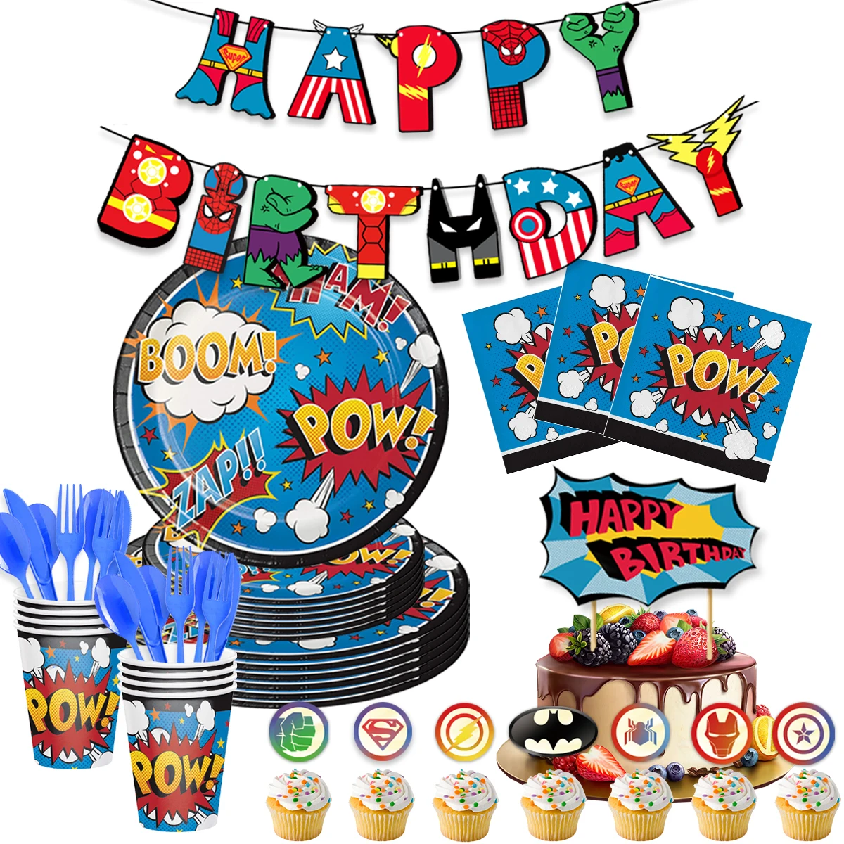 Nicro Super Hero Theme Kids Birthday Decoration Party Tableware Set Birthday Banner Cake Topper For Super Hero Party Supplies