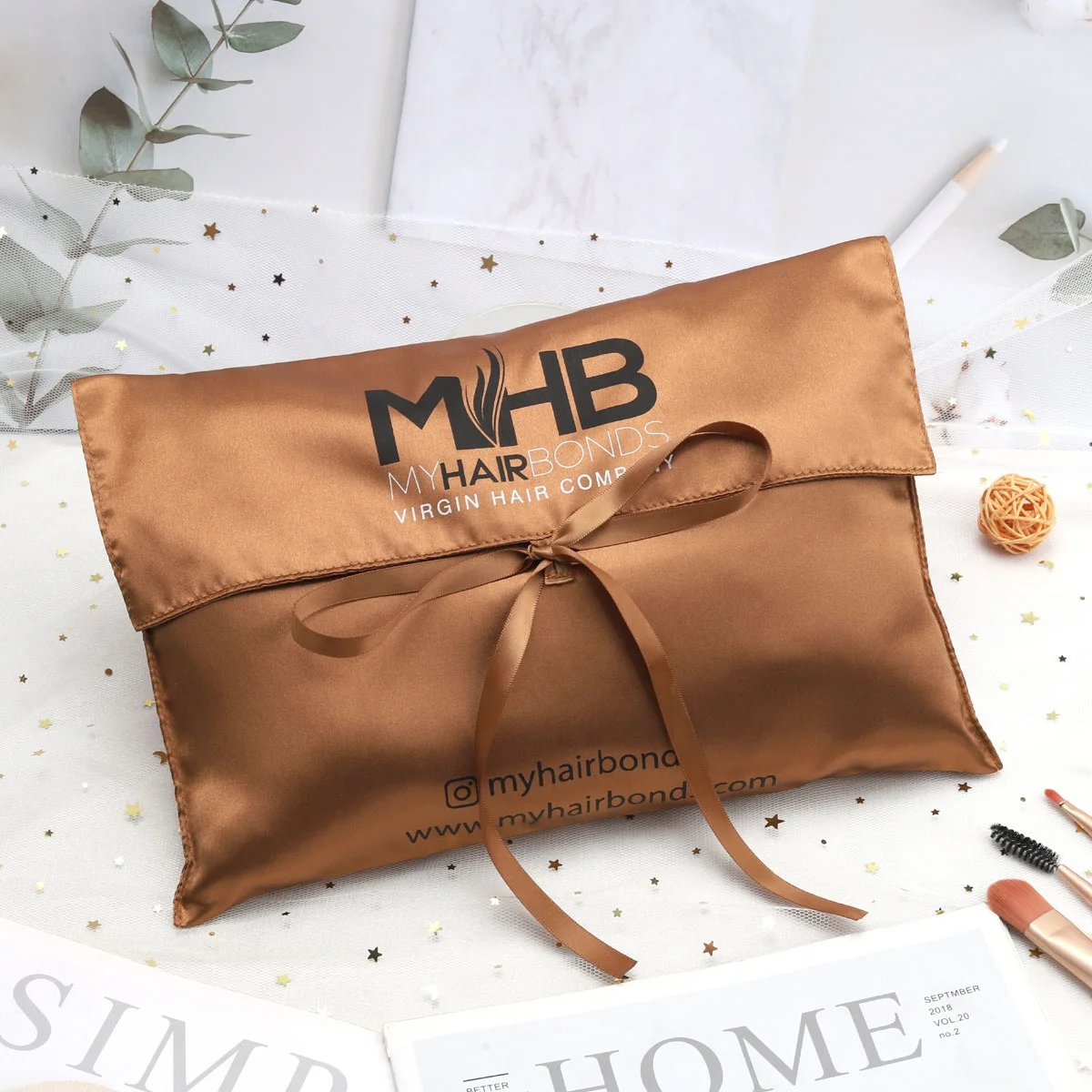 Luxury Custom Logo Printed Brown Envelope Satin Bag Purse Clothing Shoe Hair Wig Packaging Dust Gift Bag Silk Pouch