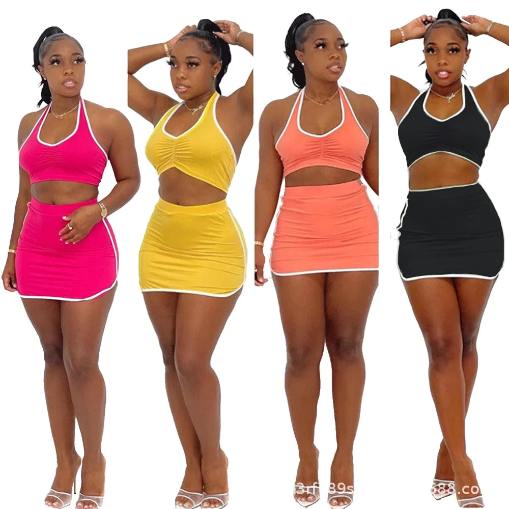 Custom Logo Solid Skirt Set Sleeveless Cop Top 2 Piece Mini Skirt Set Halter Backless Tank Top And Split Skirt Suit