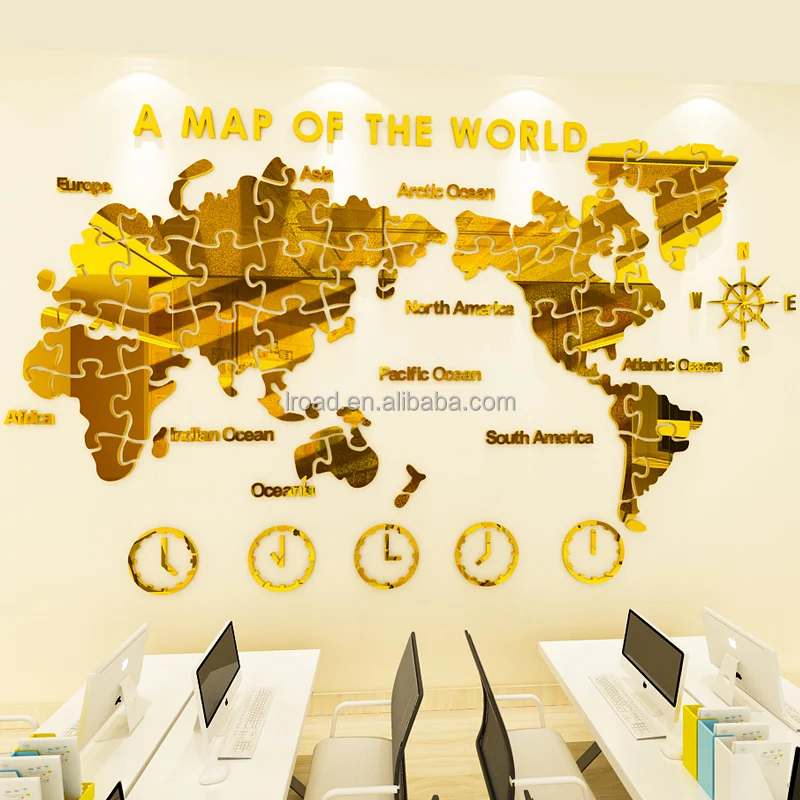 decorative items for Office or Sitting Room Large World Map 3D acrylic Wall Decal Stickers
