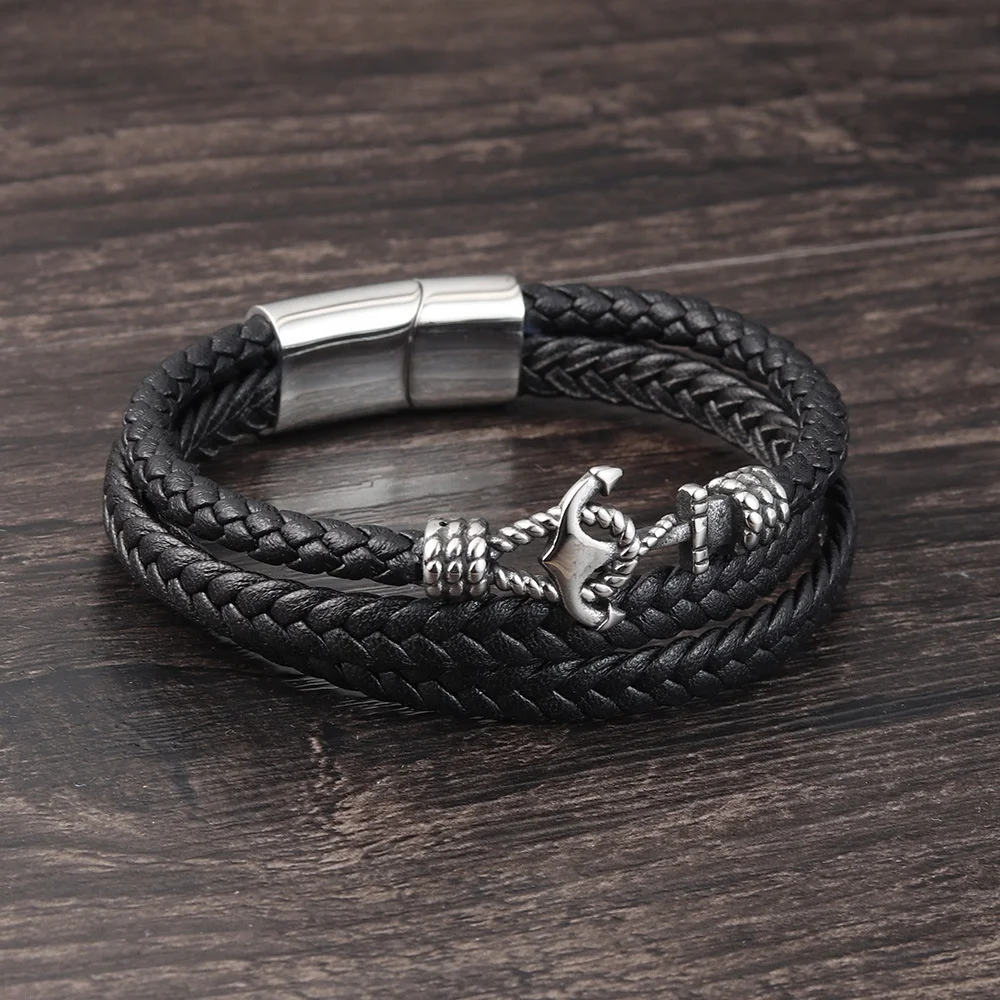 
2021 Silver Anchor Accessories Chain Cuff Bracelet Stainless Steel For Mens Jewelry Gift Genuine Leather 