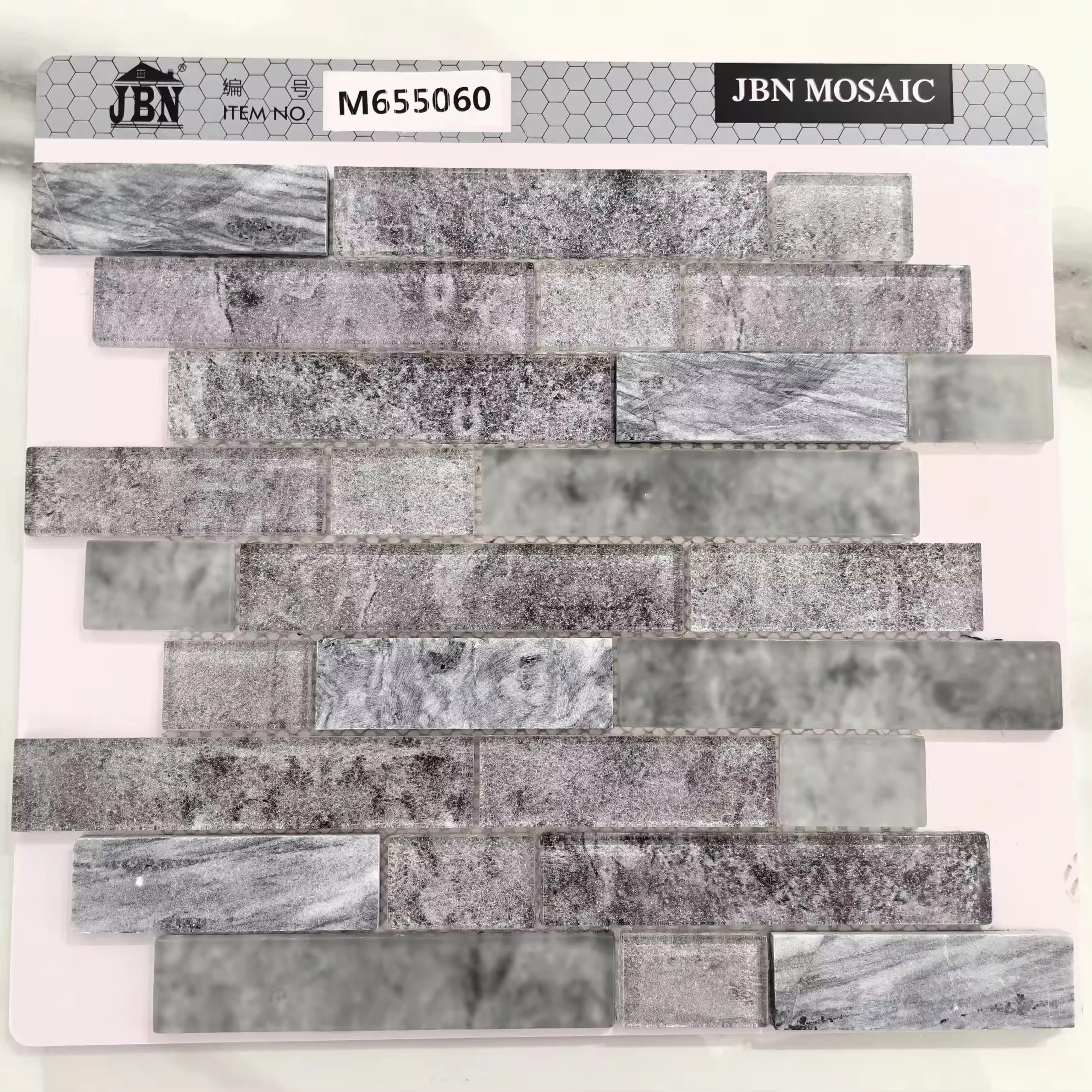 Foshan JBN 2024 Современная Стеклянная Каменная мозаика новый дизайн длинная короткая полоса отделка стен яркая поверхность 1 поддон MOQ