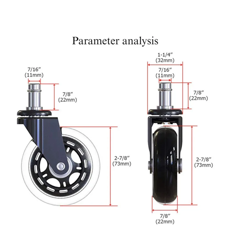 Amazon hot sale office chair transparent pu castor wheel swivel 3 inch roller blade caster for carpet