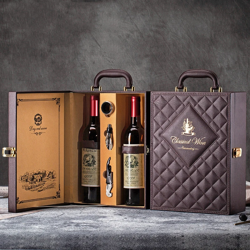 Good Idea 2 Bottle Leatherette Top Handle With Wine Accessory Travel Wine Gift Box 50ml Pu Leather 2 Bottle Creative Wine Box
