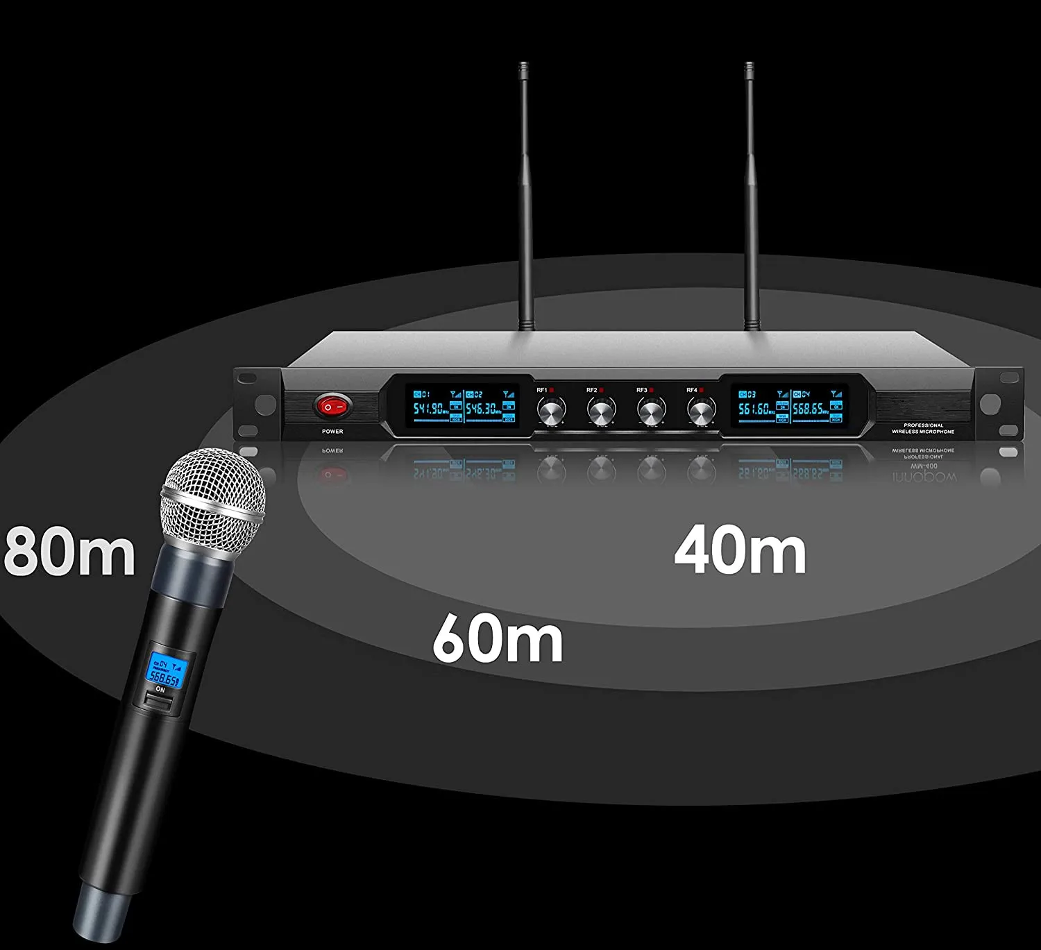 OKSN 4-Channel Wireless Microphone System Quad UHF Metal Cordless Mic 4 Handheld Mics