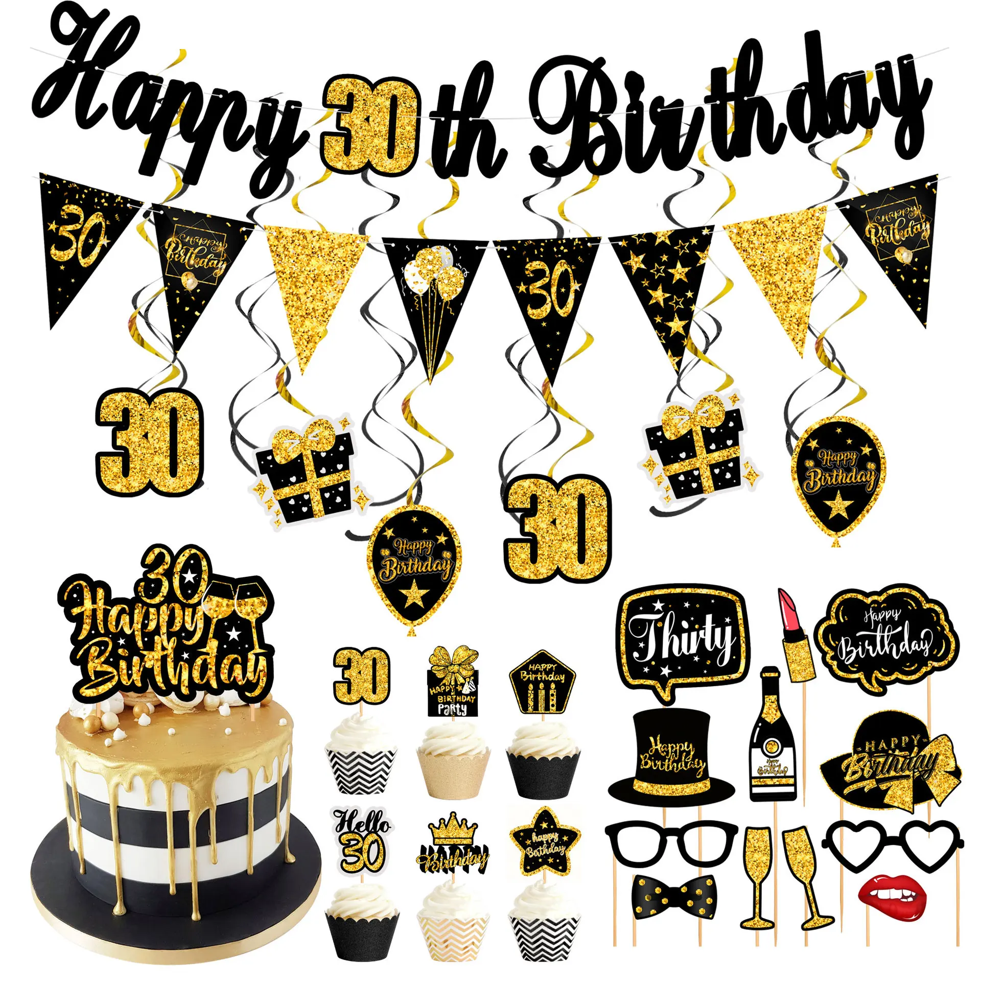 Hot Sale Number 18/30/40/50/60 Happy Birthday Paper Banner Black Gold Spiral Cake Tooper Birthday Set With Photo Props
