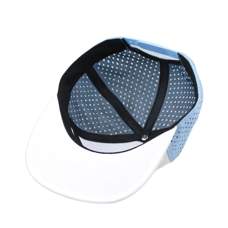 Custom High Quality 7 Panel Laser Cutting Hole Perforated Hat,Red PVC Rubber Patch Logo Snapback Caps