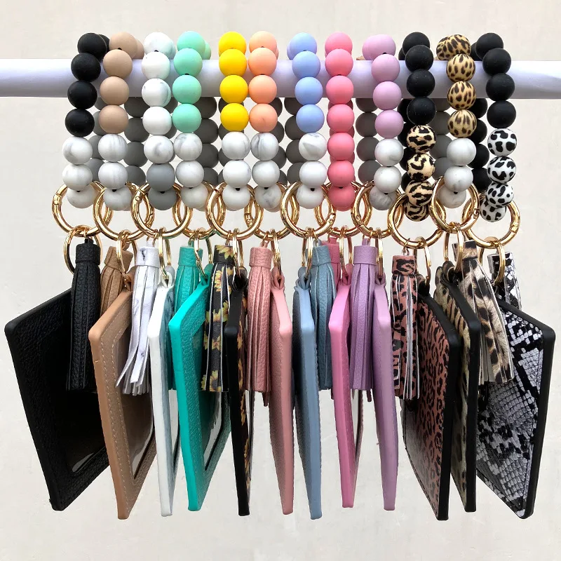 New Hot Sale Silicone Bead Bracelet with PU Leather Keychain Card Holder Lady Purse Leopard Print Tassel Wallet Wholesale