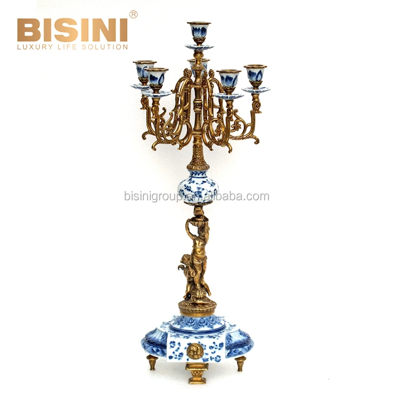 Luxury Antique Gilt Brass Cherub Pedestal Candleholder with Elegant Handpaint Blue and White Porcelain BF11-01303a