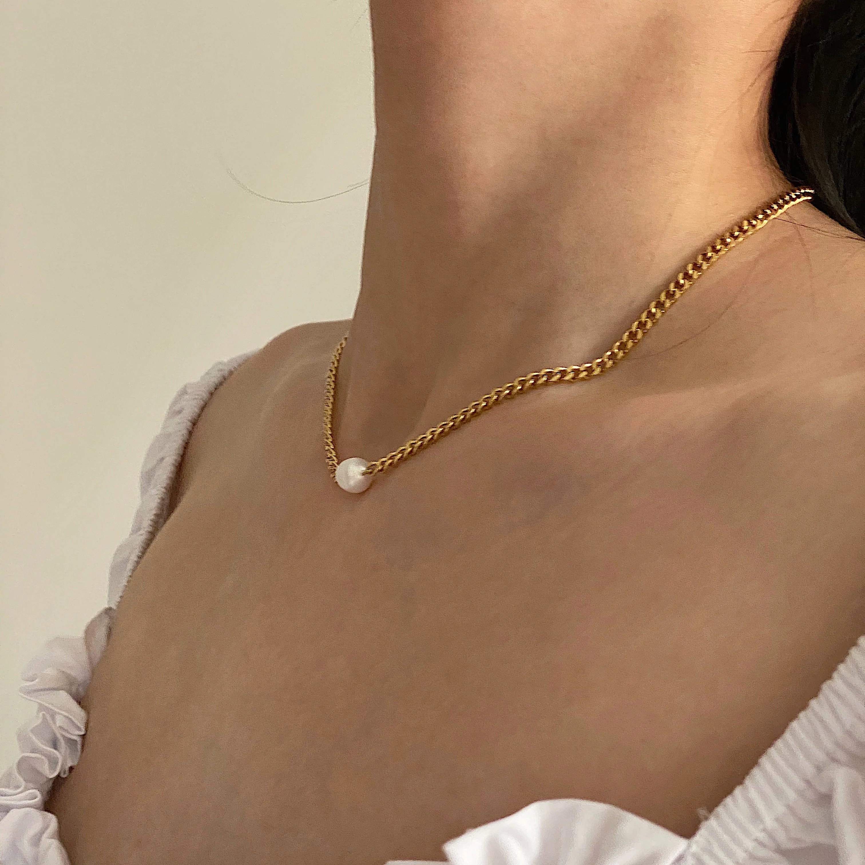Stainless Steel Cuban Link Chain Natural Pearl Charm Necklace Curb 18K Gold Plated Necklaces Women French INS Elegant Jewelry