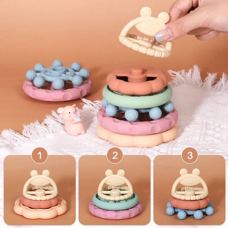 Silicone Stacks of Circles 6 Pcs Soft Teething Toy Set Educational Learning Baby Toy Frog Shape Stacking Ring Toys for Babies
