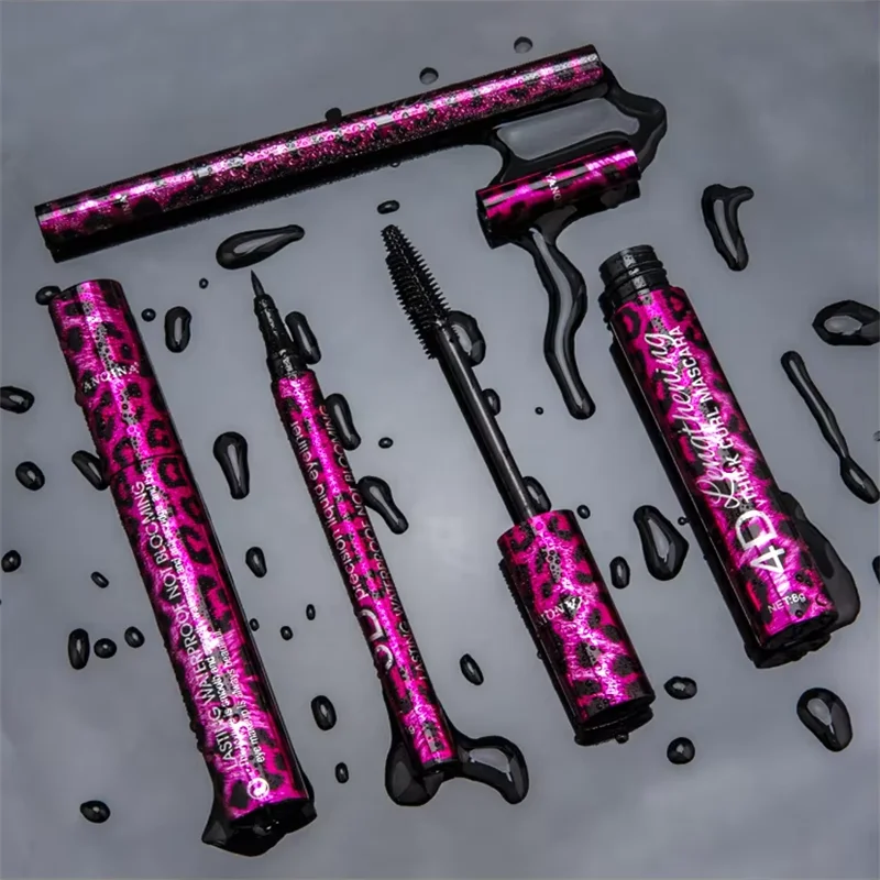 Yanqina Red Leopard Print 4D Thick Curl easy to operate Mascara and quick drying Liquid Eyeliner Pen Set Eye Makeup Tools Kit
