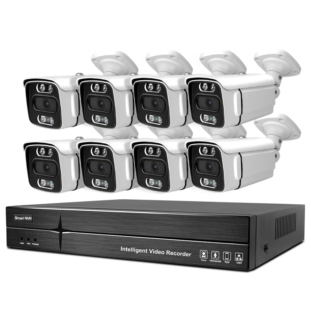 5MP 8pcs Night Color Vision Bullet 16CH 4K NVR 8CH Security Camera System NVR POE