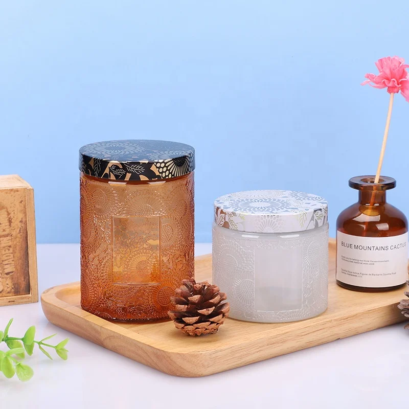 Embossed wholesale eco friendly large 7 day reusable wide colored glass candle jar 16 oz white luxury