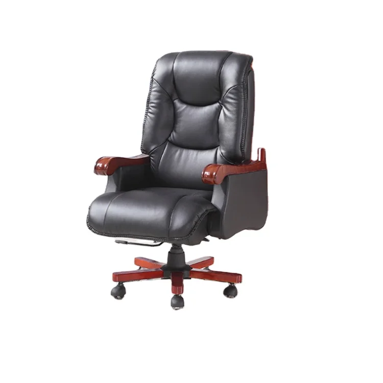 Leather Solid Wood Office Chair Reclining Swivel Chair Boss Leather Solid Wood Lift Executive Chair