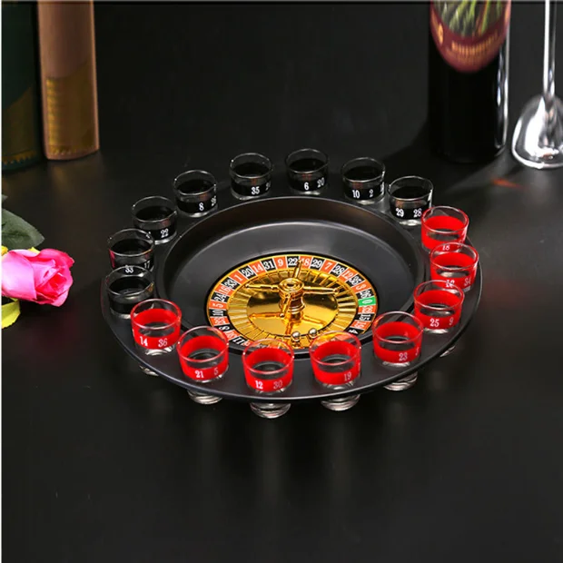 Factory Wholesale 16pcs Russian Drinking Roulette Game Tray Karaoke Party Roulette Game Glass Cup Turntable