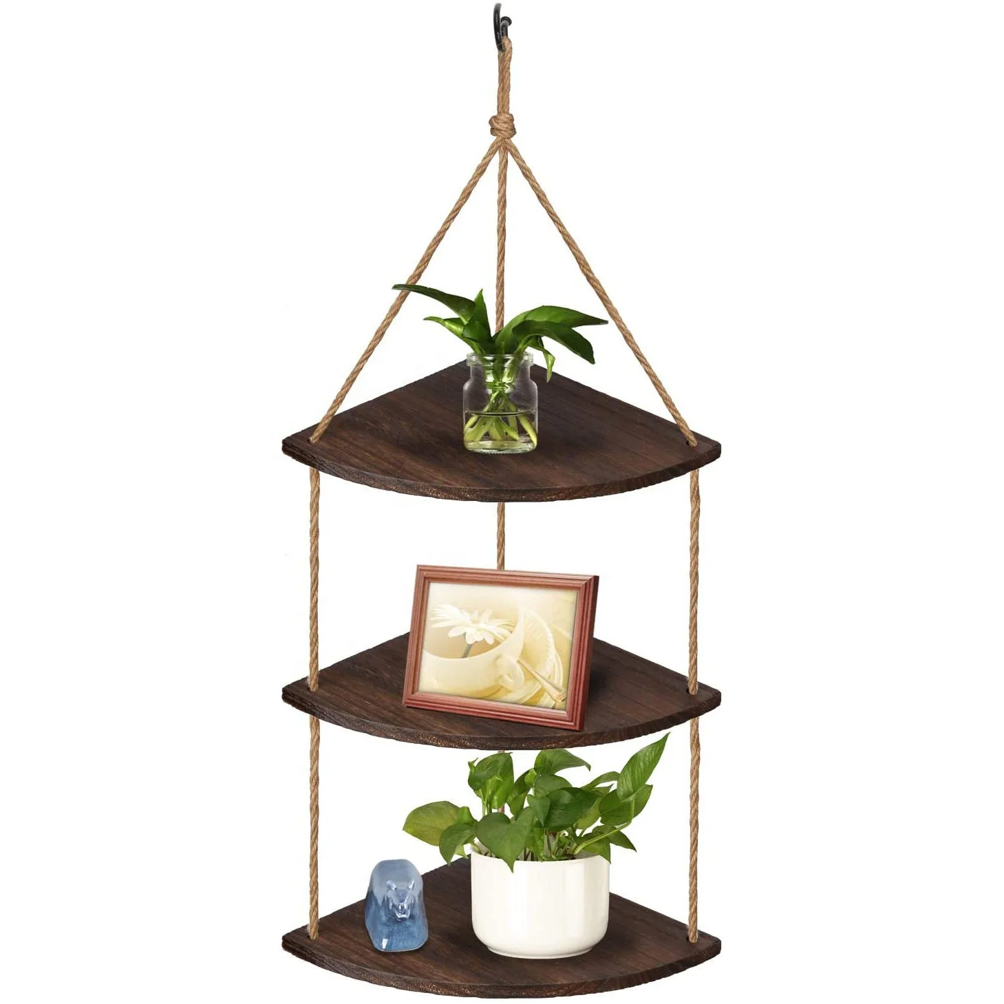 Подвесная угловая полка, 3 уровня, деревенская деревянная угловая веревочная полка, домашний декор, стеллаж для витрин, подвесное окно, полки для растений