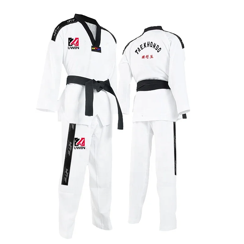 Black V Neck Collar WTF Striped Taekwondo Dobok For Coatch And Master uniforms