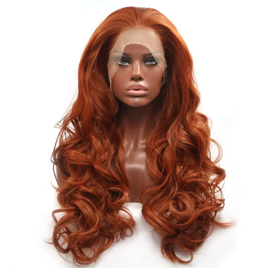 
Fashion Glueless Copper Red Long Natural Wavy Free Part Lace Front Wigs Heat Resistant Synthetic Hair Wig for Women 24In 