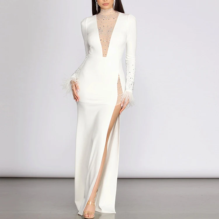 Wholesale Womens Vintage Dress Mesh And Heat Stone High Slit Prom Long Sleeve Sexy Evening Party Dress