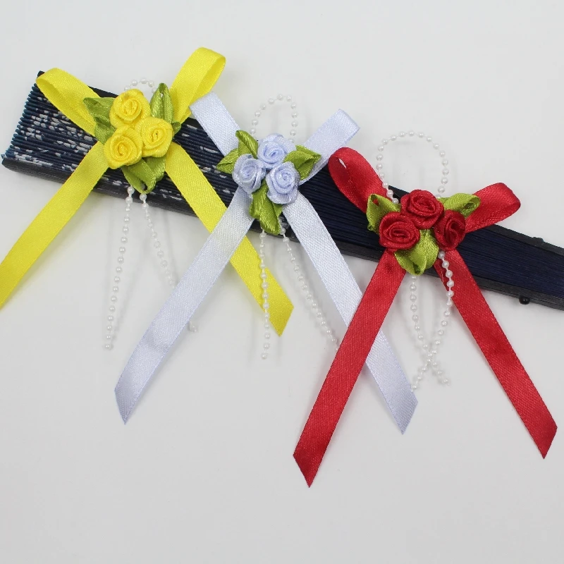 Manufacturer Custom 1cm Multi-color Ribbon Plus Small Flower Sticky Pearl Chain Hand Tie Bow