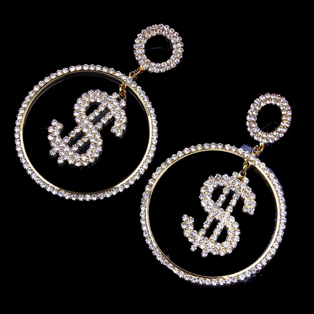 2022 Statement Wholesale Bling Crystal Dollar Money Sign Wide Hoop Earrings