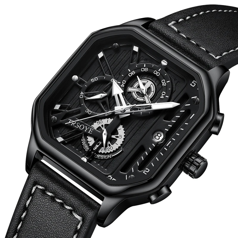 Top Brand Luxury Fashion Men Square Watch Waterproof Luxury Watch Leather Wrist montre luxe homme TRS6604
