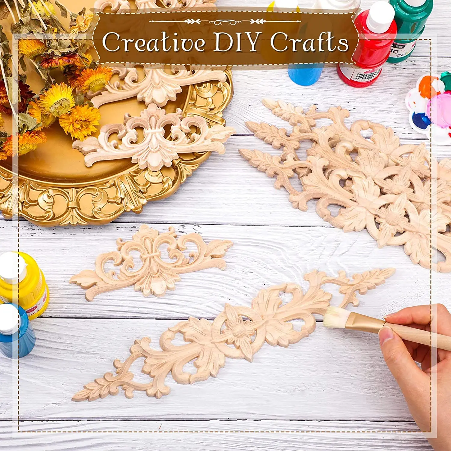 Wood Appliques Onlays Carved Long Decorative Wood Applique Trim Wooden Decal Corner Frame for Furniture Cabinet Dresser Bed Wall