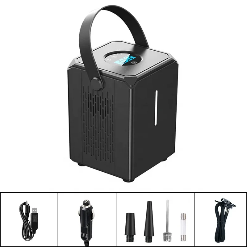 Certified Portable Cube Smart Car Air Compressor Inflator Bike Pump Electric Wireless 6000mAh DC 24V USB with LED Flash Nozzles