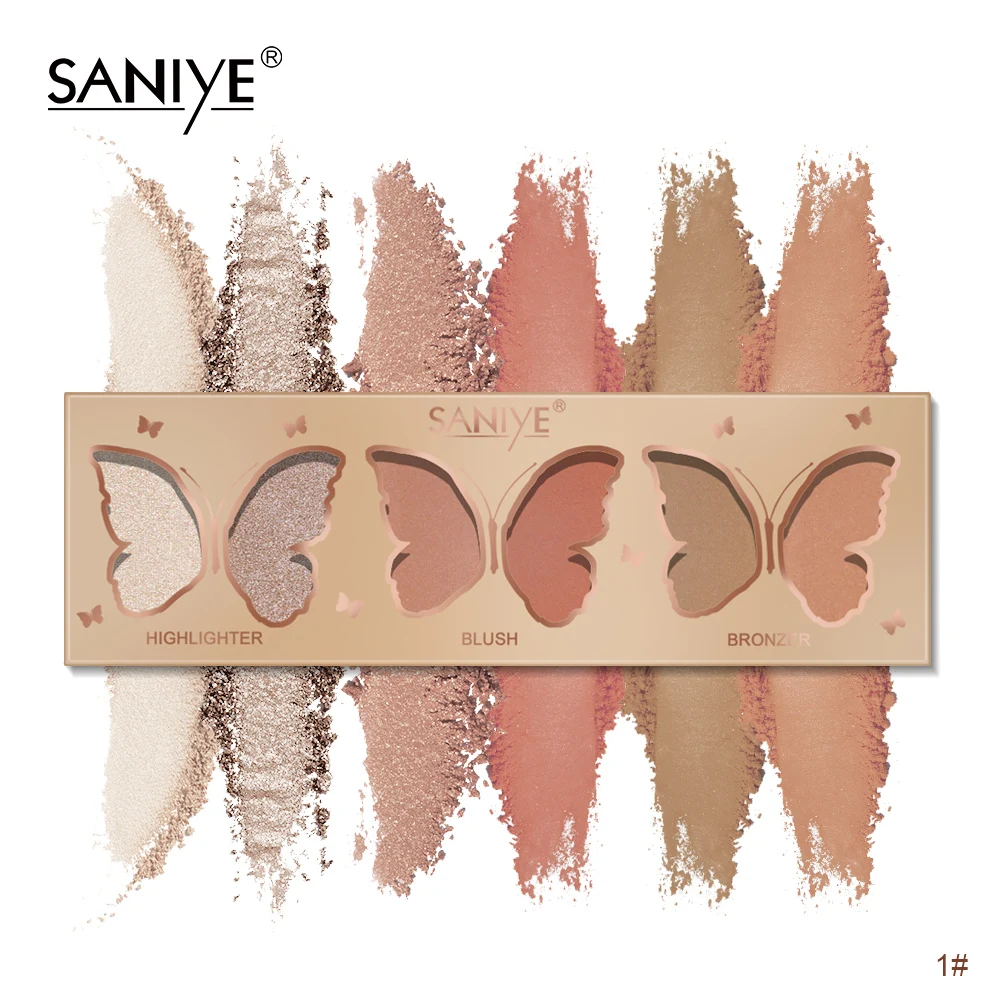 Saniye butterfly make up blush highlighter contour 3 in 1 cosmetic private label custom logo blush makeup palletes
