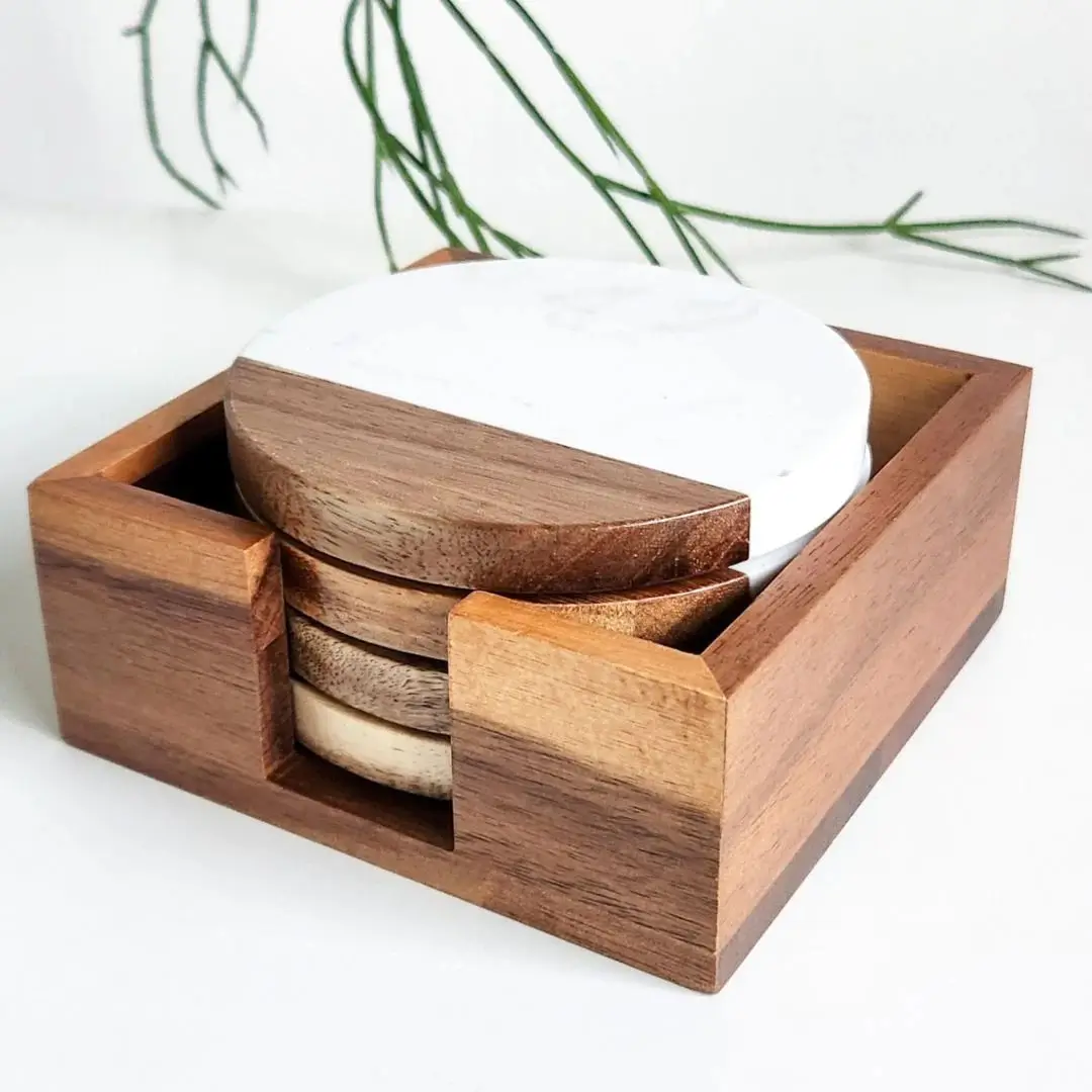 Natural Solid Polished Marble Acacia Wood Coasters with Matching Bamboo Holder For Restaurant