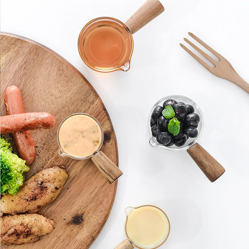 Cute Glass Milk Jug Mini Wooden Handle for Coffee Bread Milk Jug and Creative Steak Glass For Coffee Cup