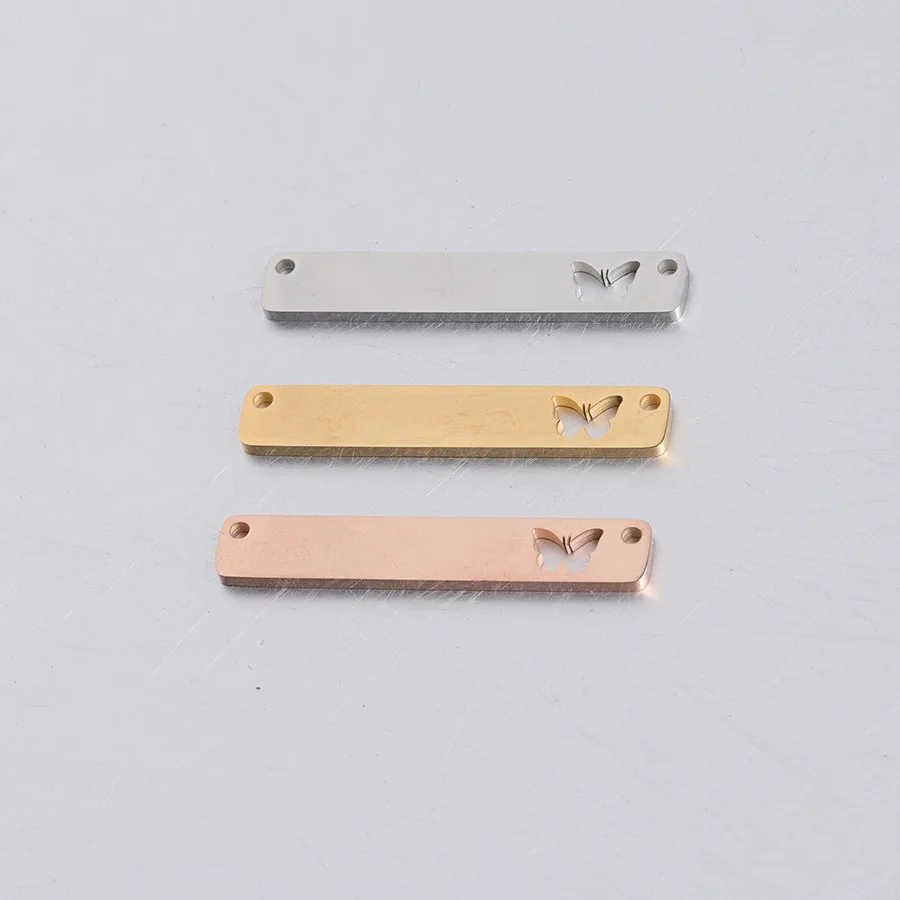 Stainless Steel Engravable Rectangle Bar Pendant 6*35mm Hollow Butterfly Charms Two Hole Connector DIY Bracelet Necklace Jewel