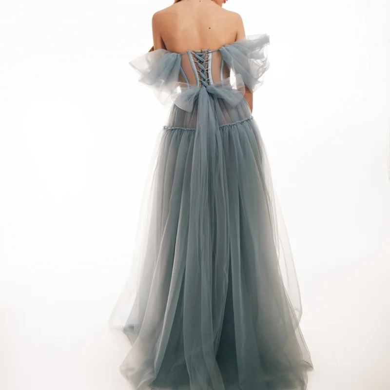 Custom Elegant Blue Empire Line Floor Length Women Lady Elegant Sexy Tulle Dress Women Gowns Evening Prom Dresses