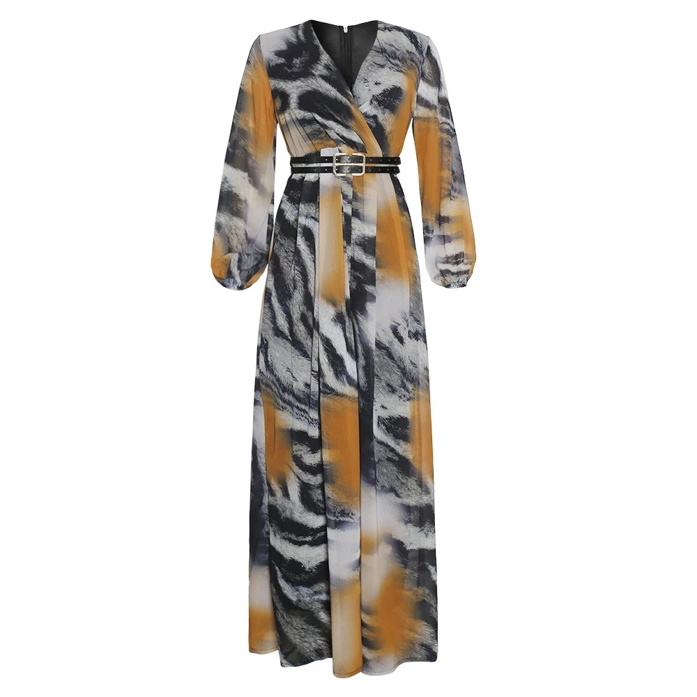 2021 summer ladies New Fashion Printed Dresses Long-Sleeved v-Neck Women clothing maxi Dresses with belt