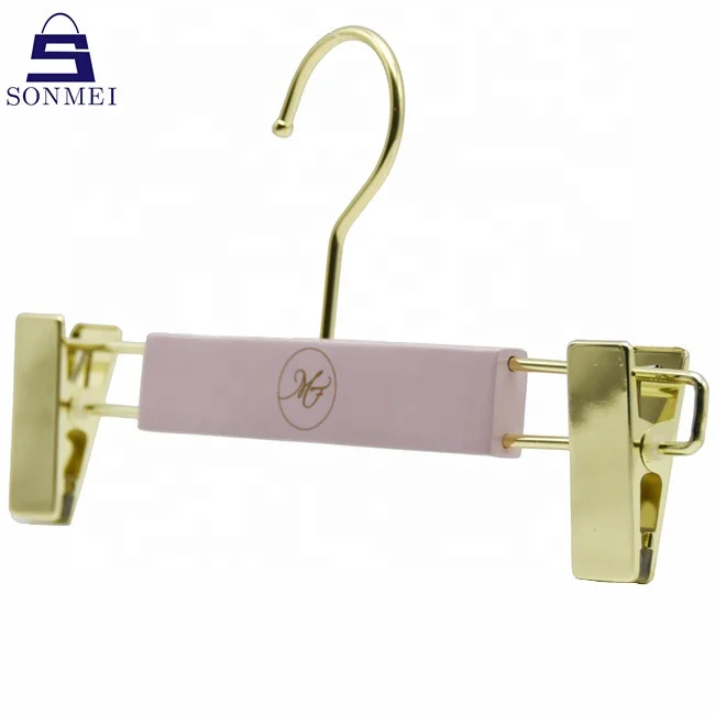 Gold clamp custom kids wooden hangers baby pants hanger with clips
