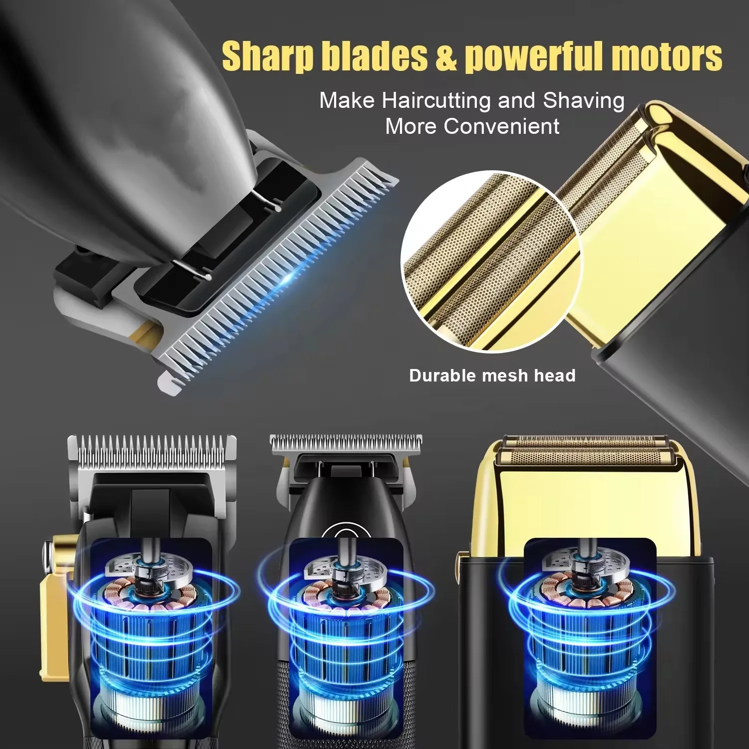 Multi Pro Black Gold Three Piece Set Electric Hair Clippers Rechargeable Shaver Low Noise for Men Cordless Customized Logo