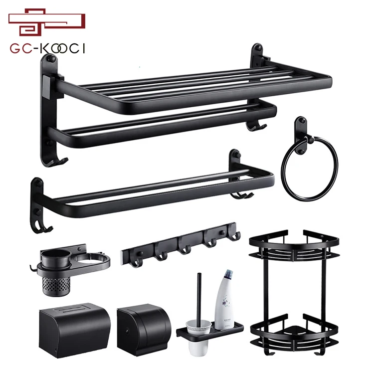 Punch-free black space aluminum towel rack bathroom shelf toilet bathroom accessories set
